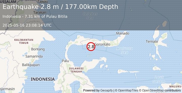 Earthquake MINAHASA, SULAWESI, INDONESIA (2.8 m) (2025-05-16 23:08:14 UTC)