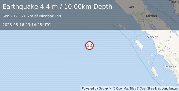Earthquake OFF W COAST OF NORTHERN SUMATRA (4.4 m) (2025-05-16 23:14:25 UTC)