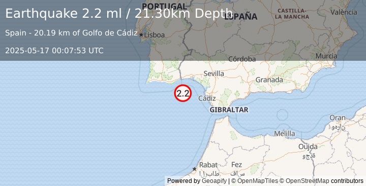 Earthquake STRAIT OF GIBRALTAR (2.2 ml) (2025-05-17 00:07:53 UTC)