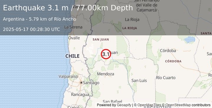 Earthquake SAN JUAN, ARGENTINA (3.1 m) (2025-05-17 00:28:30 UTC)