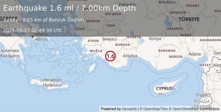 Earthquake WESTERN TURKEY (1.6 ml) (2025-05-17 00:49:39 UTC)