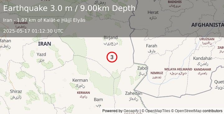 Earthquake EASTERN IRAN (3.0 m) (2025-05-17 01:12:30 UTC)
