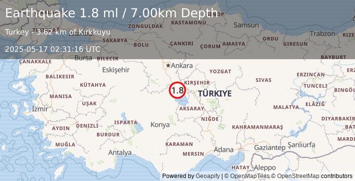Earthquake CENTRAL TURKEY (1.8 ml) (2025-05-17 02:31:16 UTC)