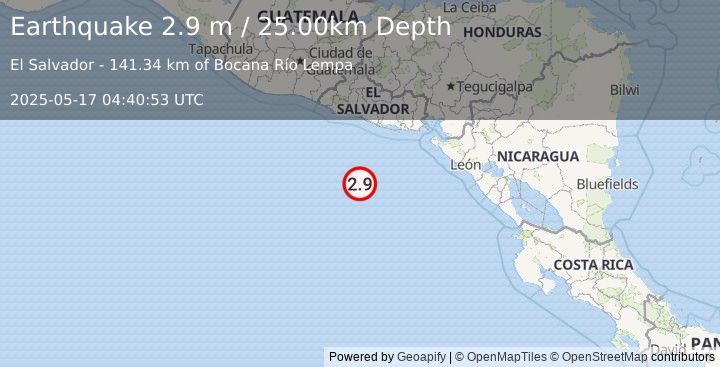 Earthquake OFF THE COAST OF EL SALVADOR (2.9 m) (2025-05-17 04:40:53 UTC)