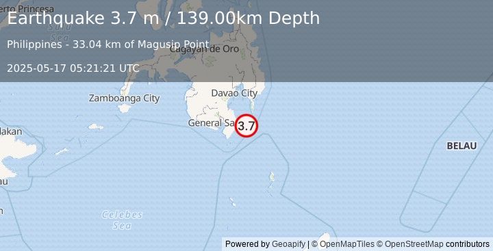 Earthquake MINDANAO, PHILIPPINES (3.7 m) (2025-05-17 05:21:21 UTC)