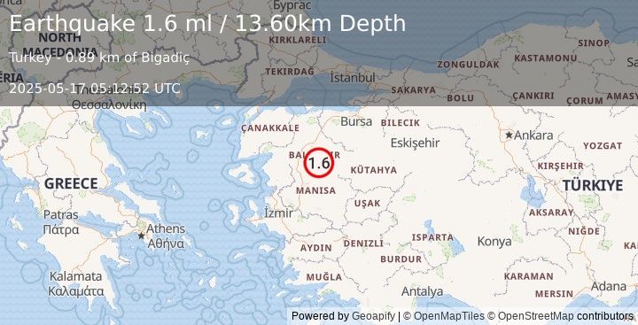 Earthquake WESTERN TURKEY (1.6 ml) (2025-05-17 05:12:52 UTC)