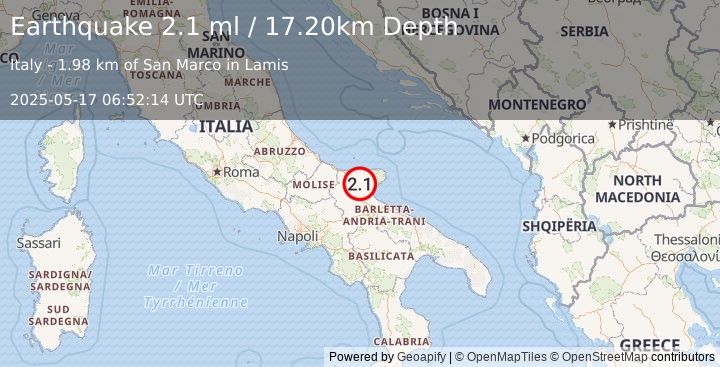Earthquake SOUTHERN ITALY (2.1 ml) (2025-05-17 06:52:14 UTC)