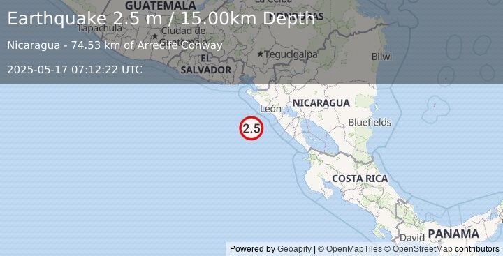 Earthquake NEAR COAST OF NICARAGUA (2.5 m) (2025-05-17 07:12:22 UTC)