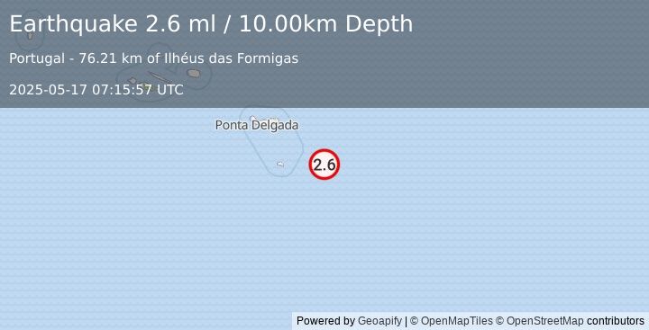 Earthquake AZORES ISLANDS REGION (2.6 ml) (2025-05-17 07:15:57 UTC)