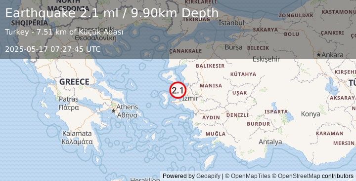 Earthquake NEAR THE COAST OF WESTERN TURKEY (2.1 ml) (2025-05-17 07:27:45 UTC)