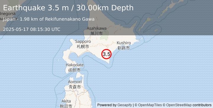 Earthquake HOKKAIDO, JAPAN REGION (3.5 m) (2025-05-17 08:15:30 UTC)