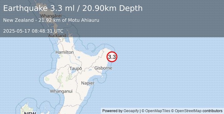 Earthquake OFF E. COAST OF N. ISLAND, N.Z. (3.3 ml) (2025-05-17 08:48:31 UTC)
