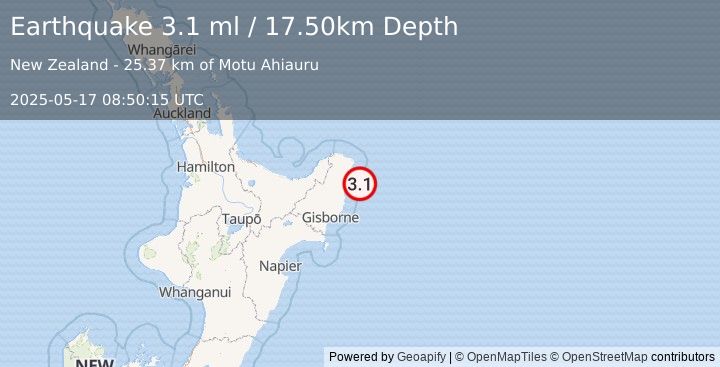 Earthquake OFF E. COAST OF N. ISLAND, N.Z. (3.1 ml) (2025-05-17 08:50:15 UTC)