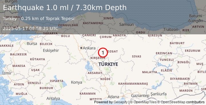 Earthquake CENTRAL TURKEY (1.0 ml) (2025-05-17 08:58:21 UTC)