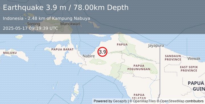 Earthquake PAPUA, INDONESIA (3.9 m) (2025-05-17 09:19:39 UTC)