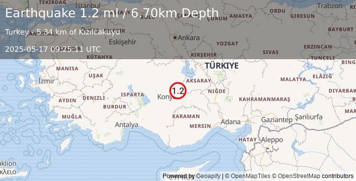 Earthquake CENTRAL TURKEY (1.2 ml) (2025-05-17 09:25:11 UTC)