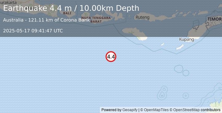 Earthquake SOUTH OF SUMBAWA, INDONESIA (4.4 m) (2025-05-17 09:41:47 UTC)