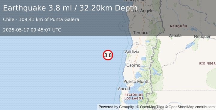 Earthquake OFF COAST OF LOS LAGOS, CHILE (3.8 ml) (2025-05-17 09:45:07 UTC)