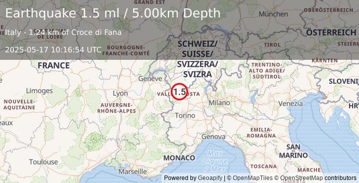 Earthquake NORTHERN ITALY (1.5 ml) (2025-05-17 10:16:54 UTC)