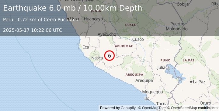 Earthquake CENTRAL PERU (6.0 mb) (2025-05-17 10:22:13 UTC)