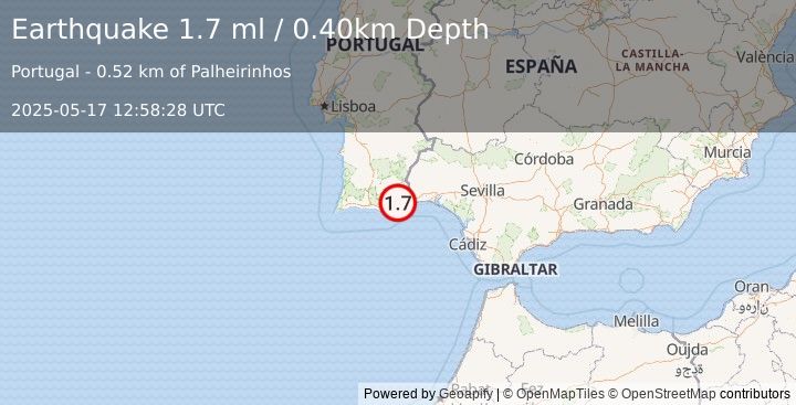 Earthquake PORTUGAL (1.7 ml) (2025-05-17 12:58:28 UTC)