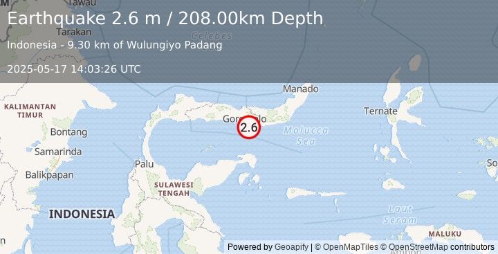 Earthquake MINAHASA, SULAWESI, INDONESIA (2.6 m) (2025-05-17 14:03:26 UTC)