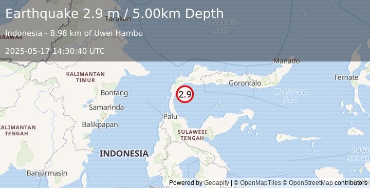Earthquake MINAHASA, SULAWESI, INDONESIA (2.9 m) (2025-05-17 14:30:40 UTC)