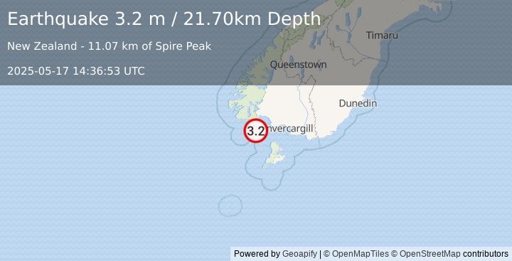 Earthquake OFF W. COAST OF S. ISLAND, N.Z. (3.2 m) (2025-05-17 14:36:53 UTC)