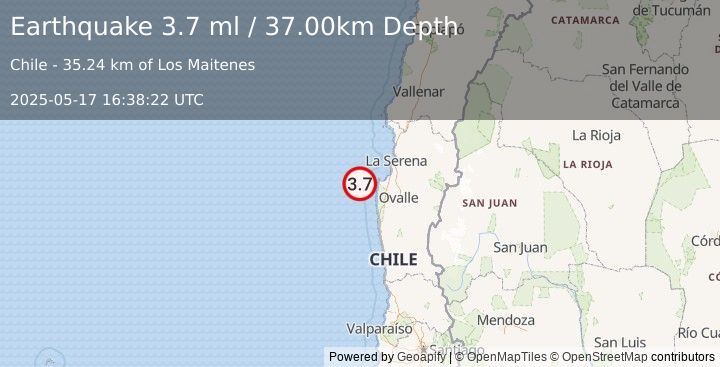Earthquake OFFSHORE COQUIMBO, CHILE (3.6 ml) (2025-05-17 16:38:19 UTC)