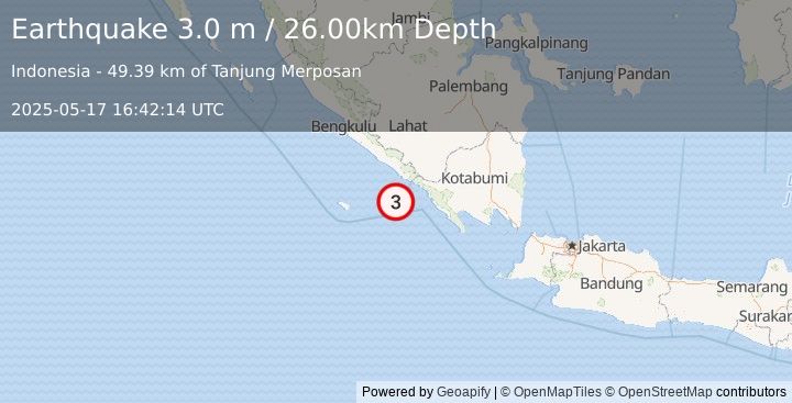 Earthquake SOUTHERN SUMATRA, INDONESIA (3.0 m) (2025-05-17 16:42:14 UTC)