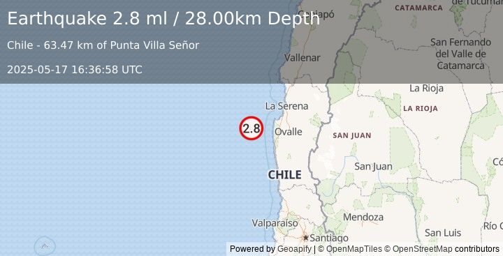 Earthquake OFFSHORE COQUIMBO, CHILE (2.8 ml) (2025-05-17 16:36:58 UTC)
