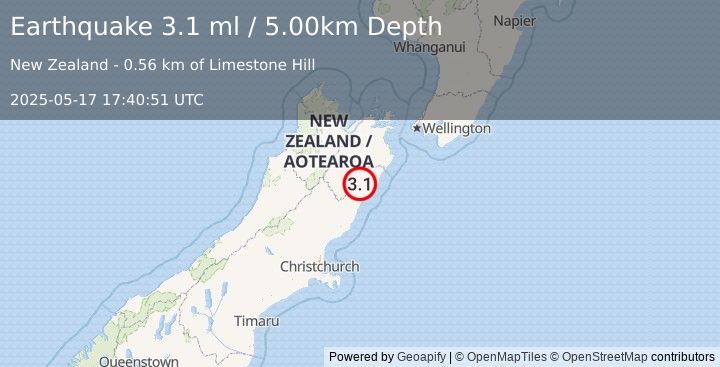Earthquake SOUTH ISLAND OF NEW ZEALAND (3.1 ml) (2025-05-17 17:40:51 UTC)
