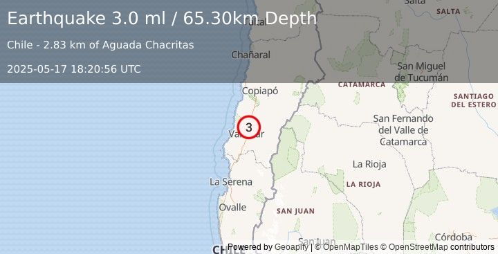 Earthquake ATACAMA, CHILE (3.0 ml) (2025-05-17 18:20:56 UTC)