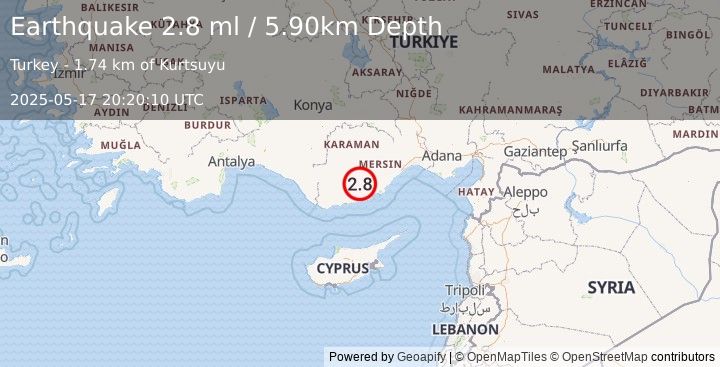 Earthquake CENTRAL TURKEY (2.8 ml) (2025-05-17 20:20:10 UTC)