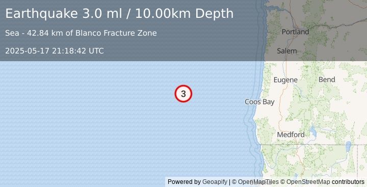 Earthquake OFF COAST OF OREGON (3.0 ml) (2025-05-17 21:18:42 UTC)