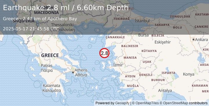 Earthquake NEAR THE COAST OF WESTERN TURKEY (2.6 ml) (2025-05-17 21:45:59 UTC)