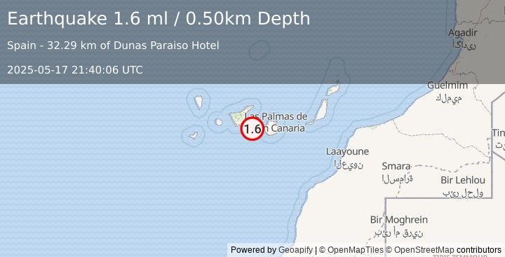 Earthquake CANARY ISLANDS, SPAIN REGION (1.6 ml) (2025-05-17 21:40:06 UTC)
