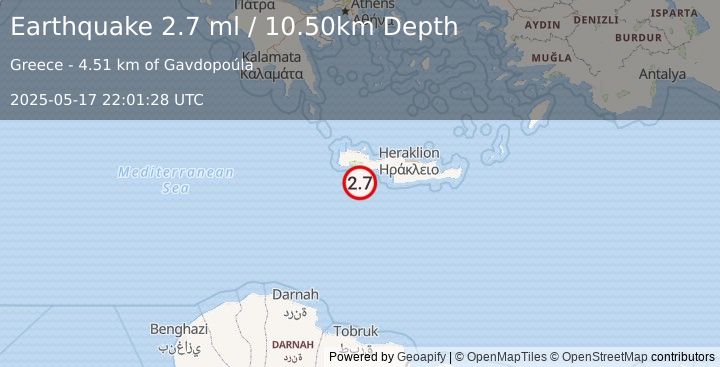 Earthquake CRETE, GREECE (2.7 ml) (2025-05-17 22:01:28 UTC)