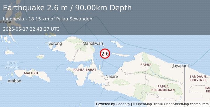 Earthquake BIAK REGION, INDONESIA (2.6 m) (2025-05-17 22:43:27 UTC)