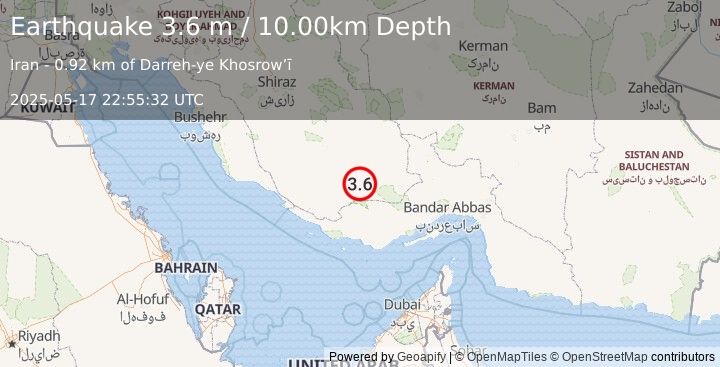 Earthquake SOUTHERN IRAN (3.6 m) (2025-05-17 22:55:32 UTC)