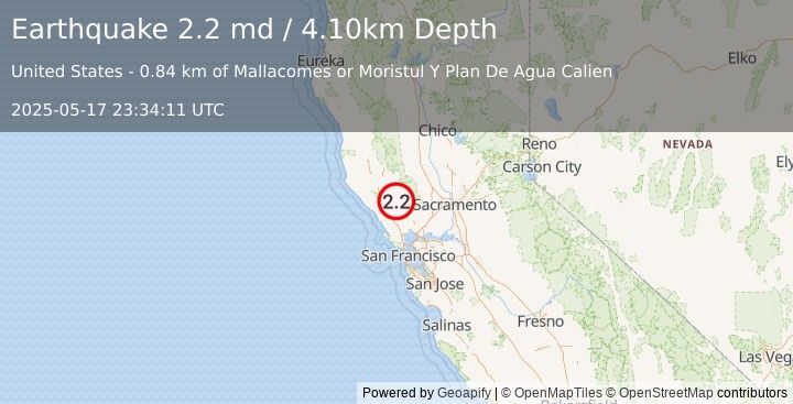 Earthquake NORTHERN CALIFORNIA (2.2 md) (2025-05-17 23:34:11 UTC)