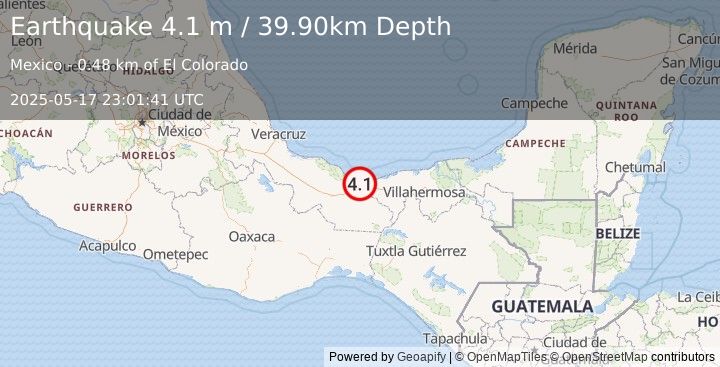 Earthquake OFFSHORE VERACRUZ, MEXICO (4.1 m) (2025-05-17 23:01:41 UTC)