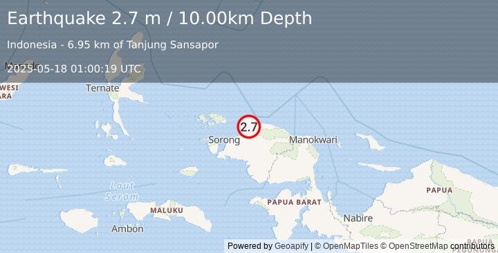 Earthquake NEAR N COAST OF PAPUA, INDONESIA (2.7 m) (2025-05-18 01:00:19 UTC)