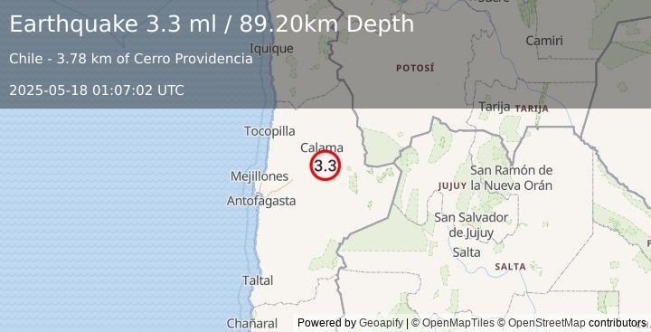 Earthquake ANTOFAGASTA, CHILE (3.3 ml) (2025-05-18 01:07:02 UTC)