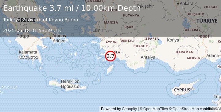 Earthquake DODECANESE IS.-TURKEY BORDER REG (3.7 ml) (2025-05-18 01:53:57 UTC)
