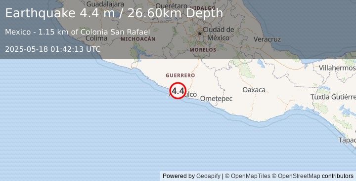 Earthquake GUERRERO, MEXICO (4.4 m) (2025-05-18 01:42:13 UTC)