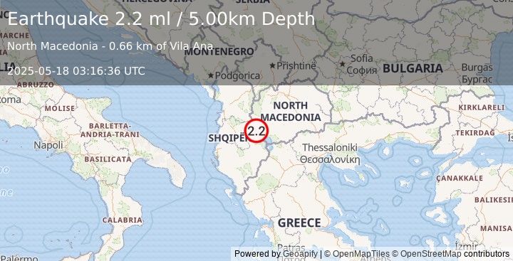 Earthquake REPUBLIC OF NORTH MACEDONIA (2.2 ml) (2025-05-18 03:16:36 UTC)