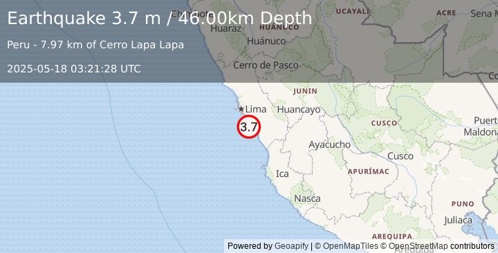 Earthquake NEAR COAST OF CENTRAL PERU (3.7 m) (2025-05-18 03:21:28 UTC)
