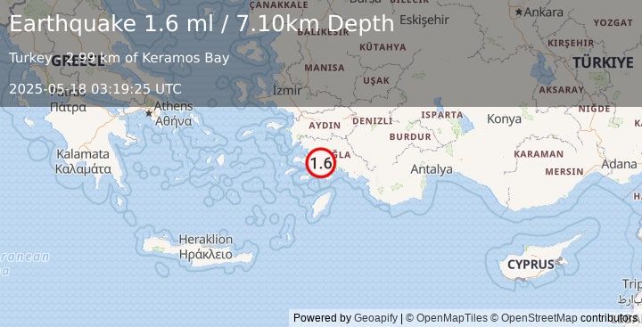 Earthquake DODECANESE IS.-TURKEY BORDER REG (1.6 ml) (2025-05-18 03:19:25 UTC)