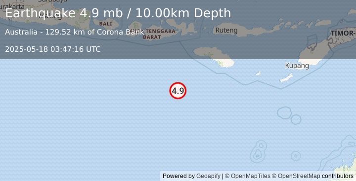 Earthquake SOUTH OF SUMBAWA, INDONESIA (4.9 mb) (2025-05-18 03:47:16 UTC)